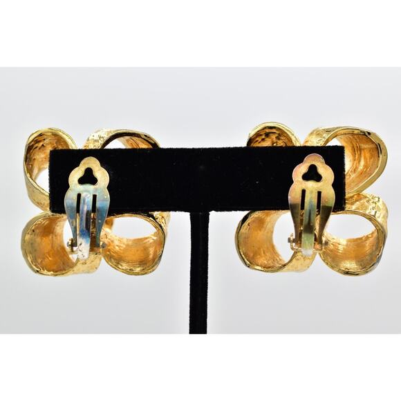 Vintage Bow Clip On Earrings Gold Tone Christmas Knot Large Chunky 1980s BinAZ - Picture 10 of 12